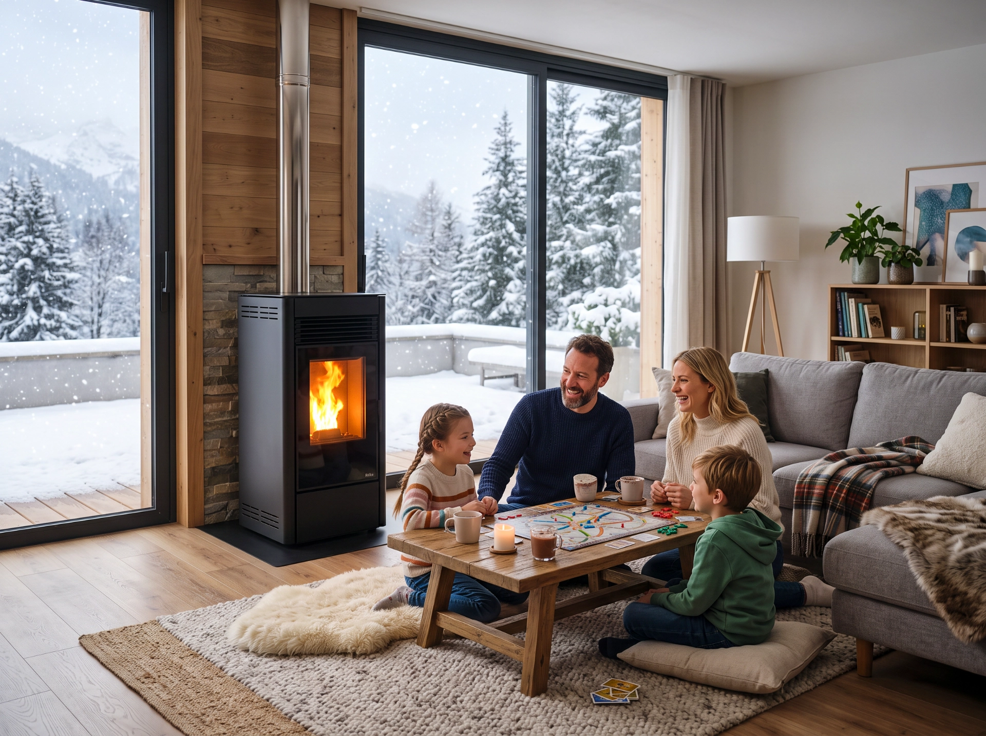 Poêle à granulés design installé dans un salon